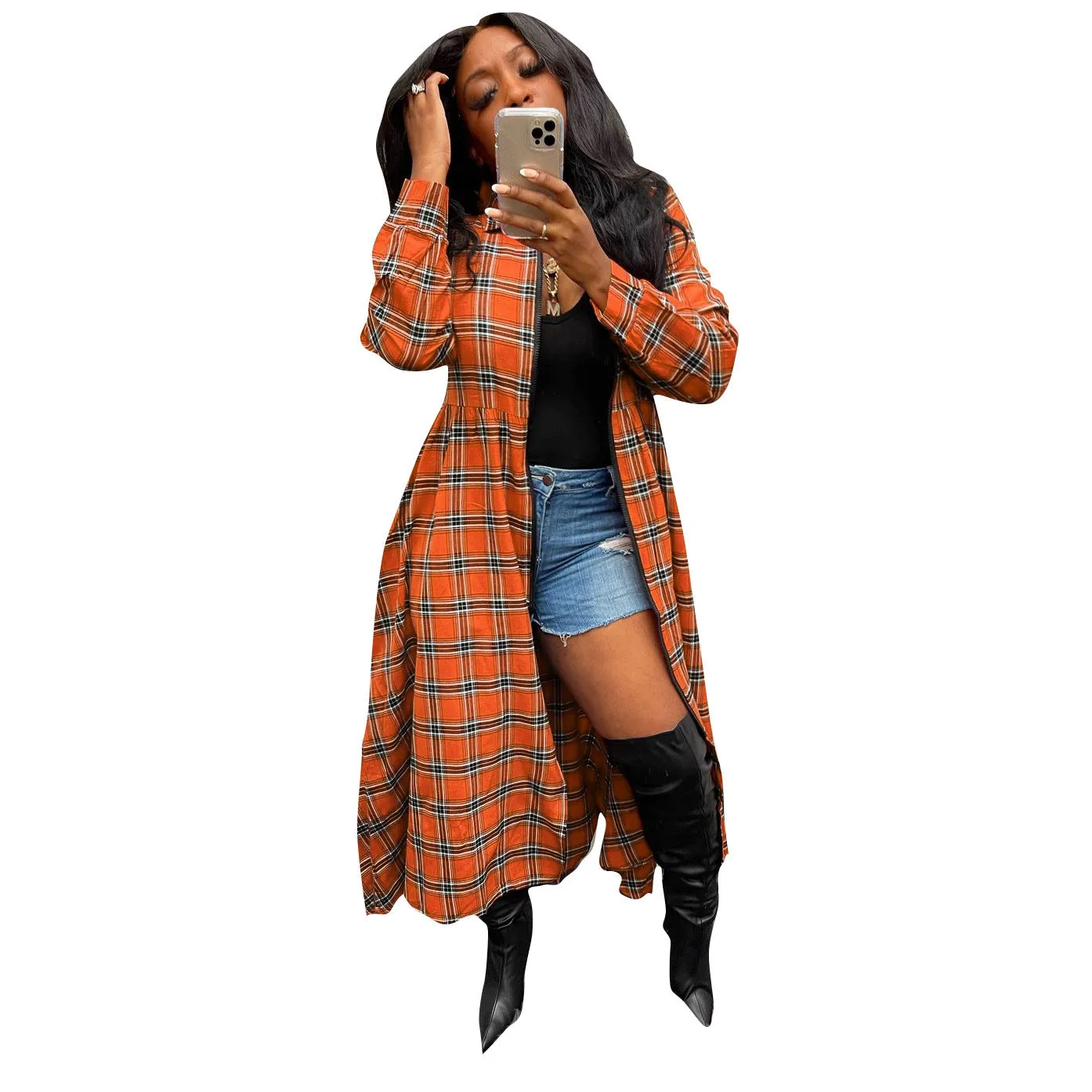 2023 Fashionable Street Wear Loose Long Plaid Coats long jacket women fall clothes long coat for women plaid jacket