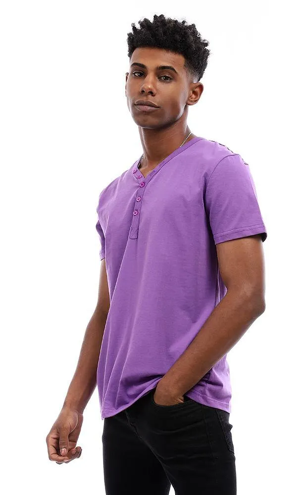 94603 Buttoned V-Neck Cotton T-Shirt - Violet
