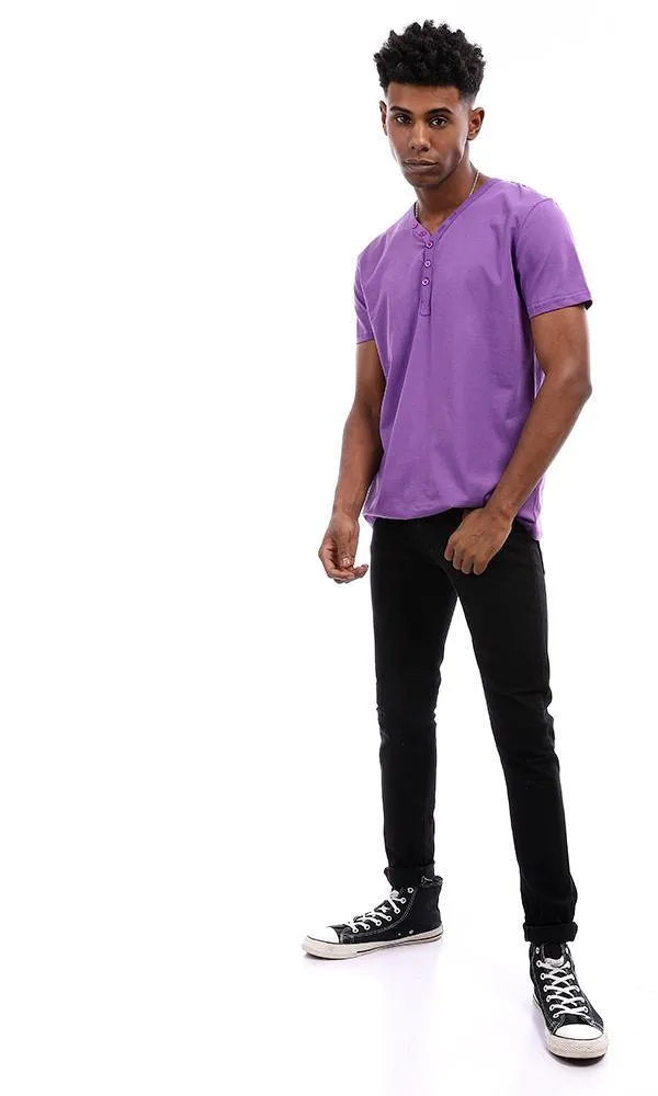 94603 Buttoned V-Neck Cotton T-Shirt - Violet