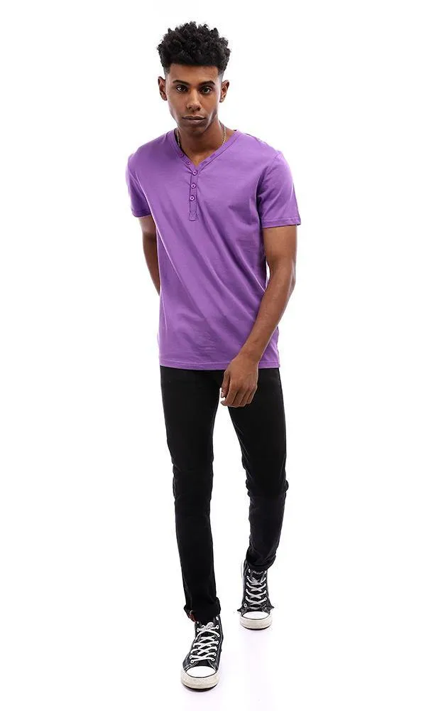 94603 Buttoned V-Neck Cotton T-Shirt - Violet