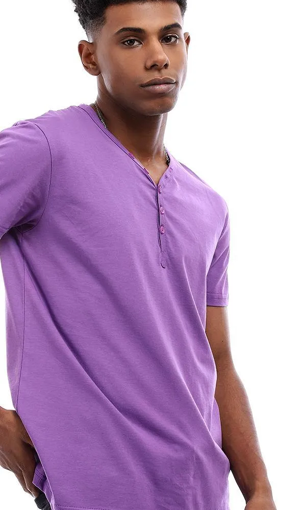 94603 Buttoned V-Neck Cotton T-Shirt - Violet