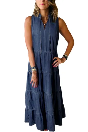 A Favorite! Real Teal Sleeveless Tiered Chambray Maxi Dress (S-XL)