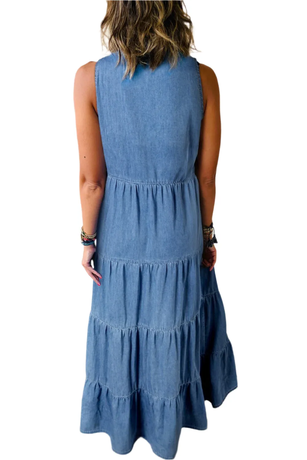 A Favorite! Real Teal Sleeveless Tiered Chambray Maxi Dress (S-XL)