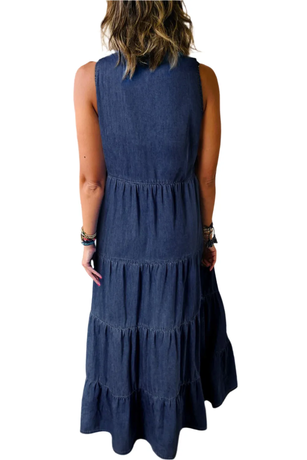 A Favorite! Real Teal Sleeveless Tiered Chambray Maxi Dress (S-XL)