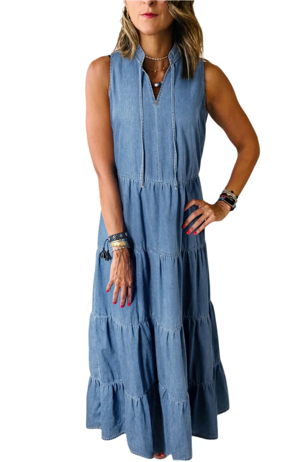 A Favorite! Real Teal Sleeveless Tiered Chambray Maxi Dress (S-XL)