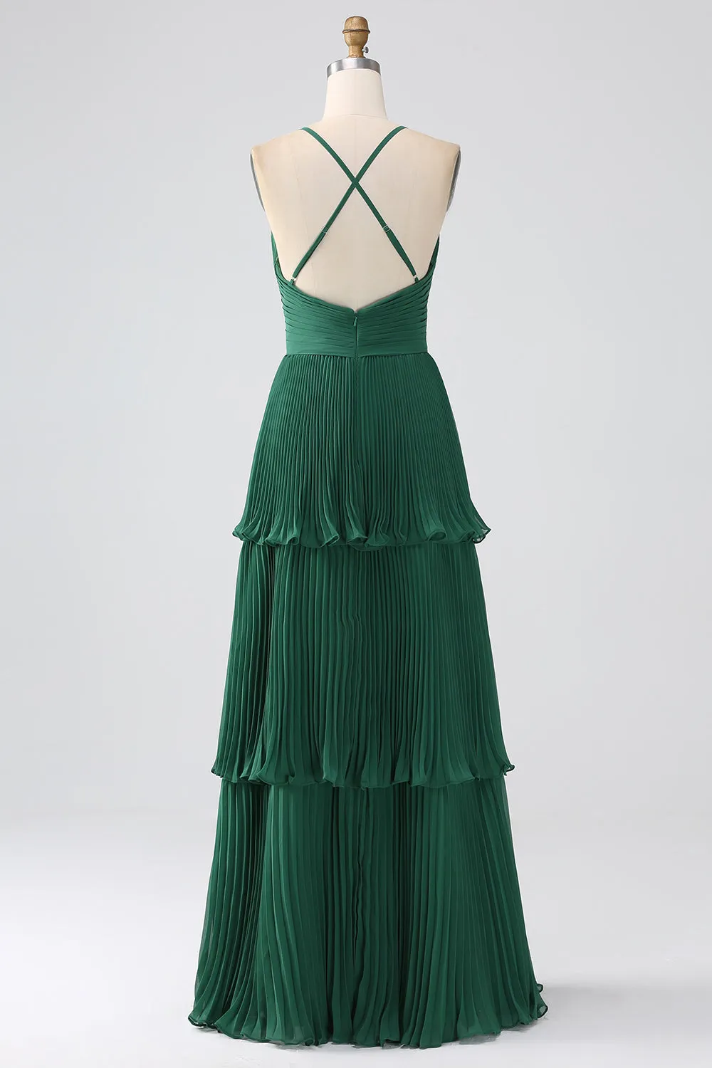 A Line Dark Green Tiered Chiffon Maxi Dress with Pleated