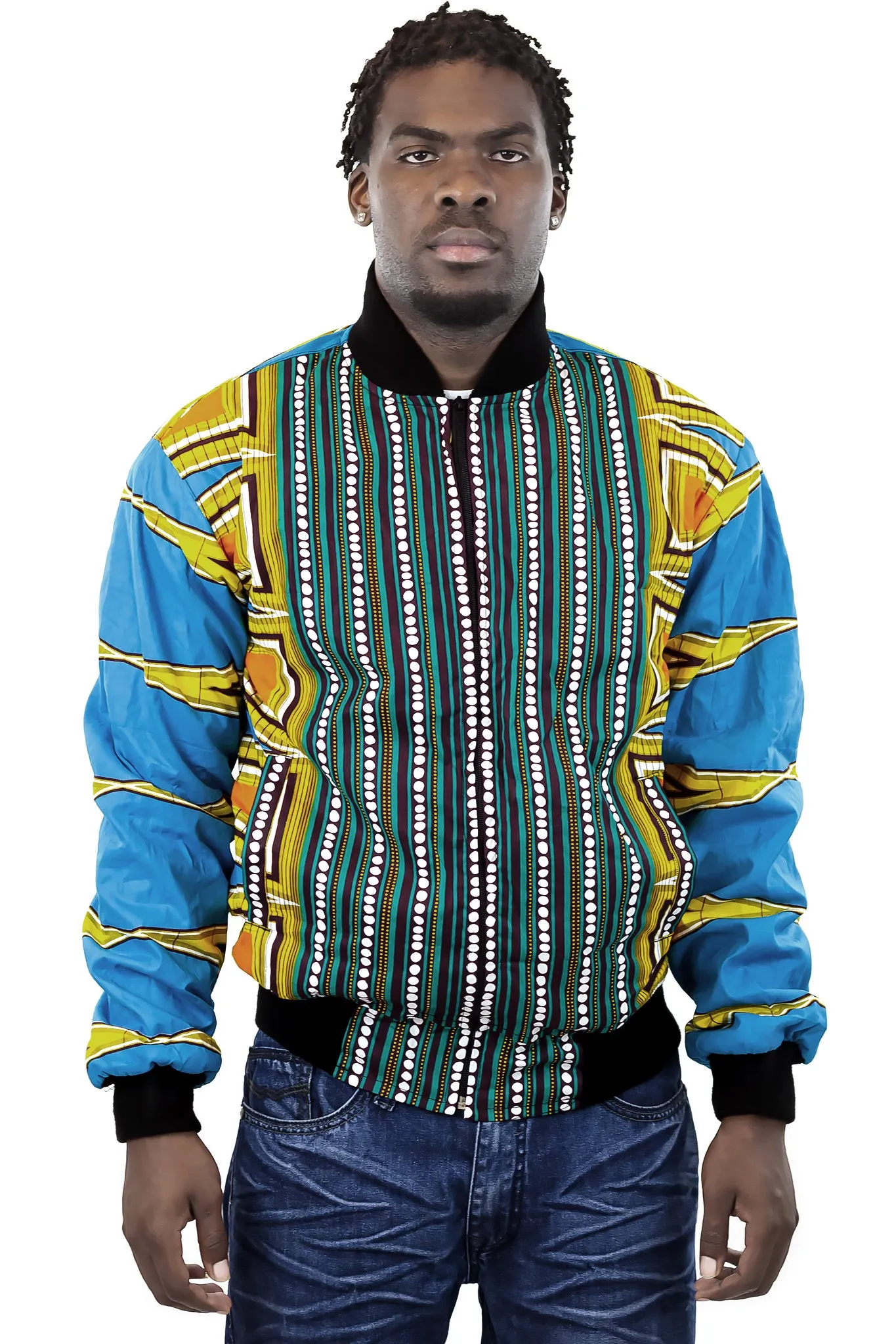 African Bomber Jacket - Blue Yellow Geometric Prints.