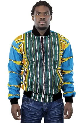 African Bomber Jacket - Blue Yellow Geometric Prints.