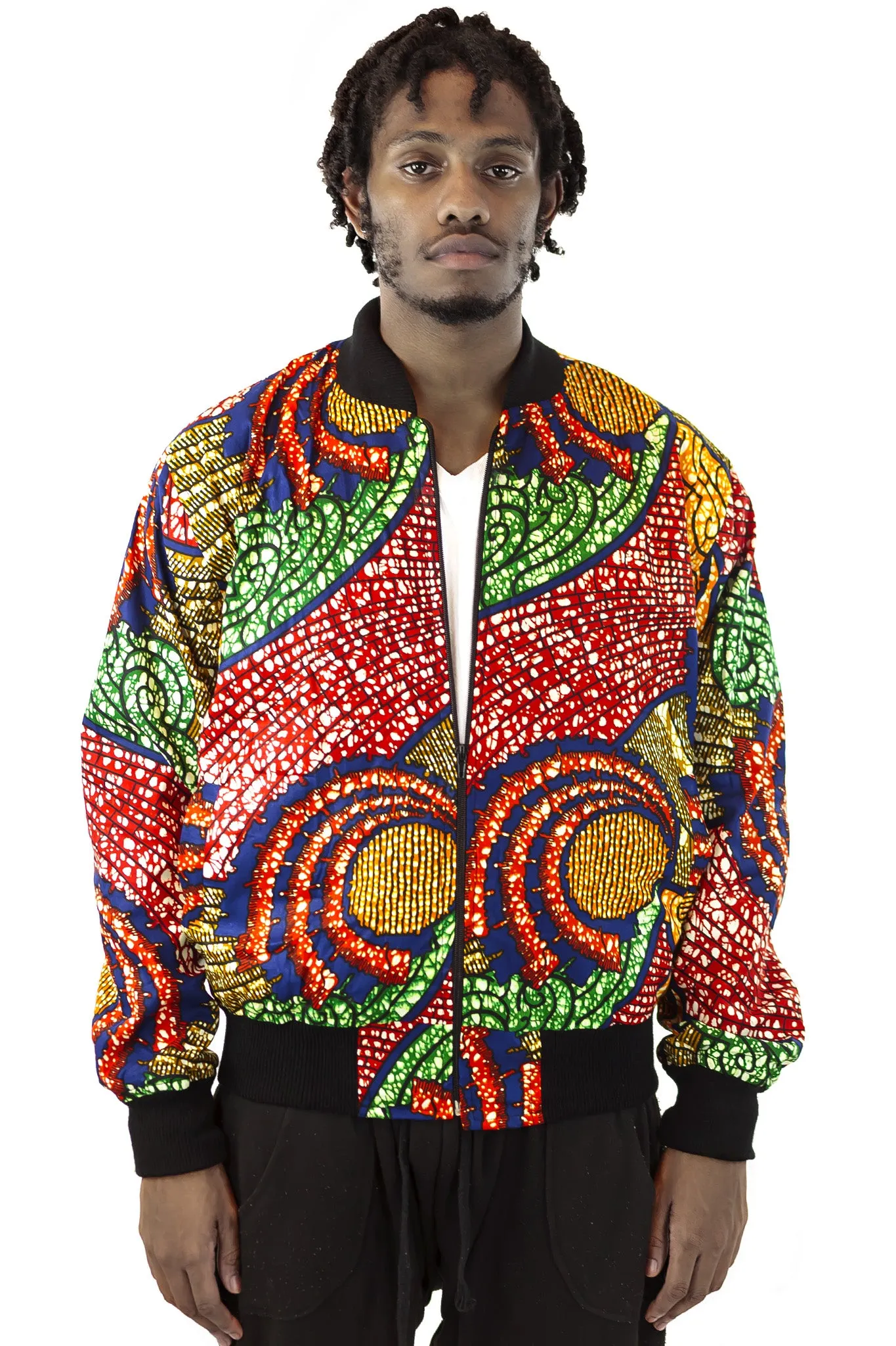 African Bomber Jacket - Blue/Red Swirl Print