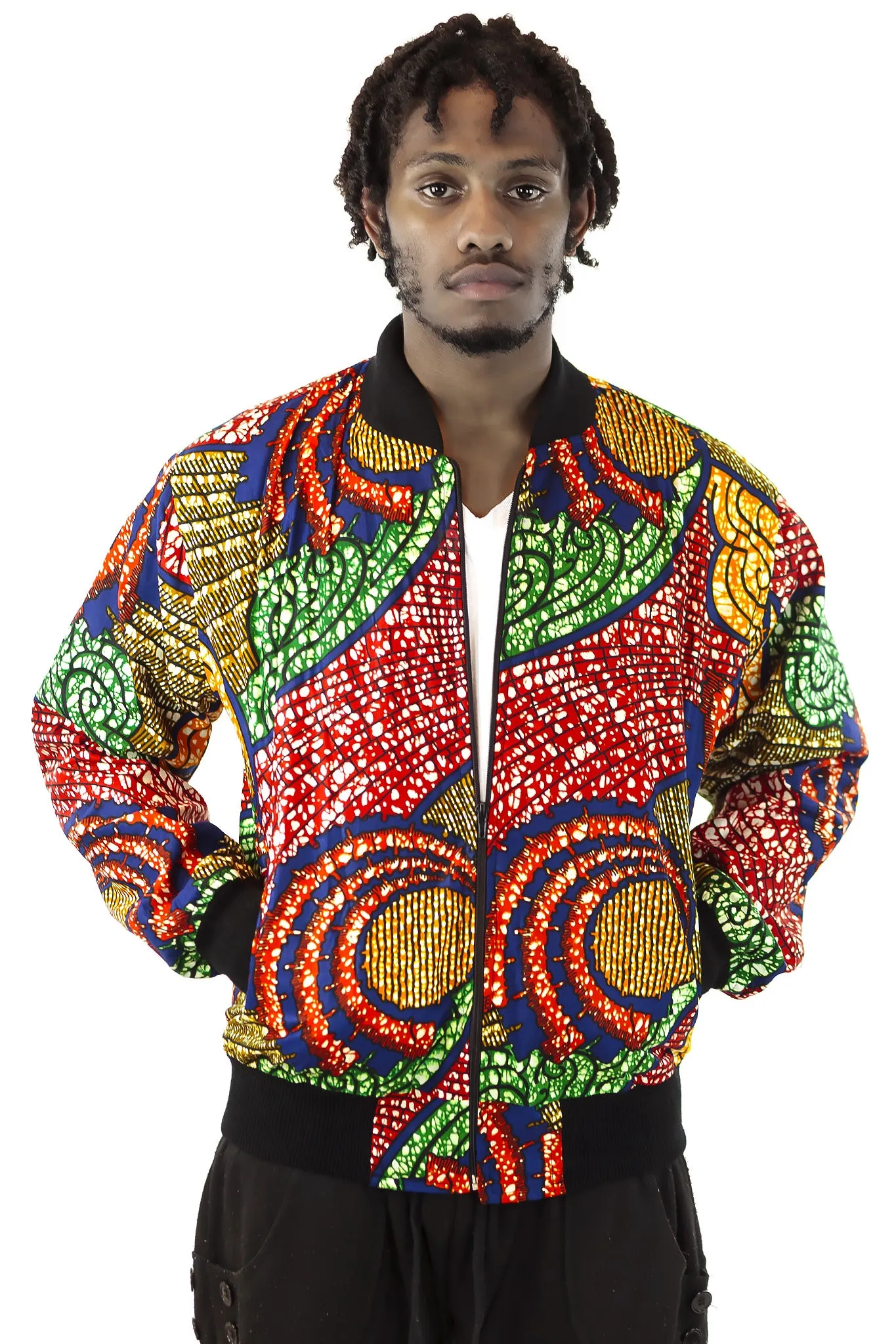 African Bomber Jacket - Blue/Red Swirl Print