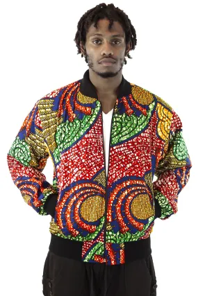 African Bomber Jacket - Blue/Red Swirl Print
