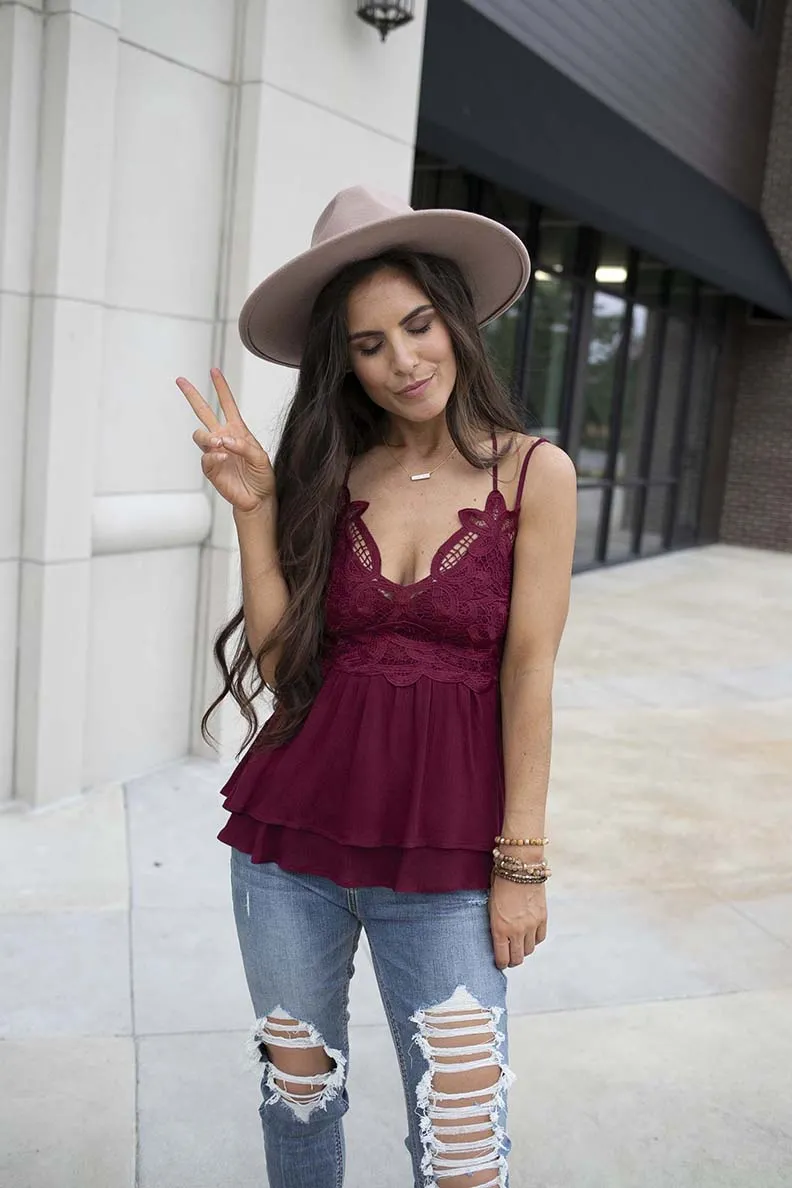 Annistyn Lace Bralette Scalloped Peplum Top - Wine