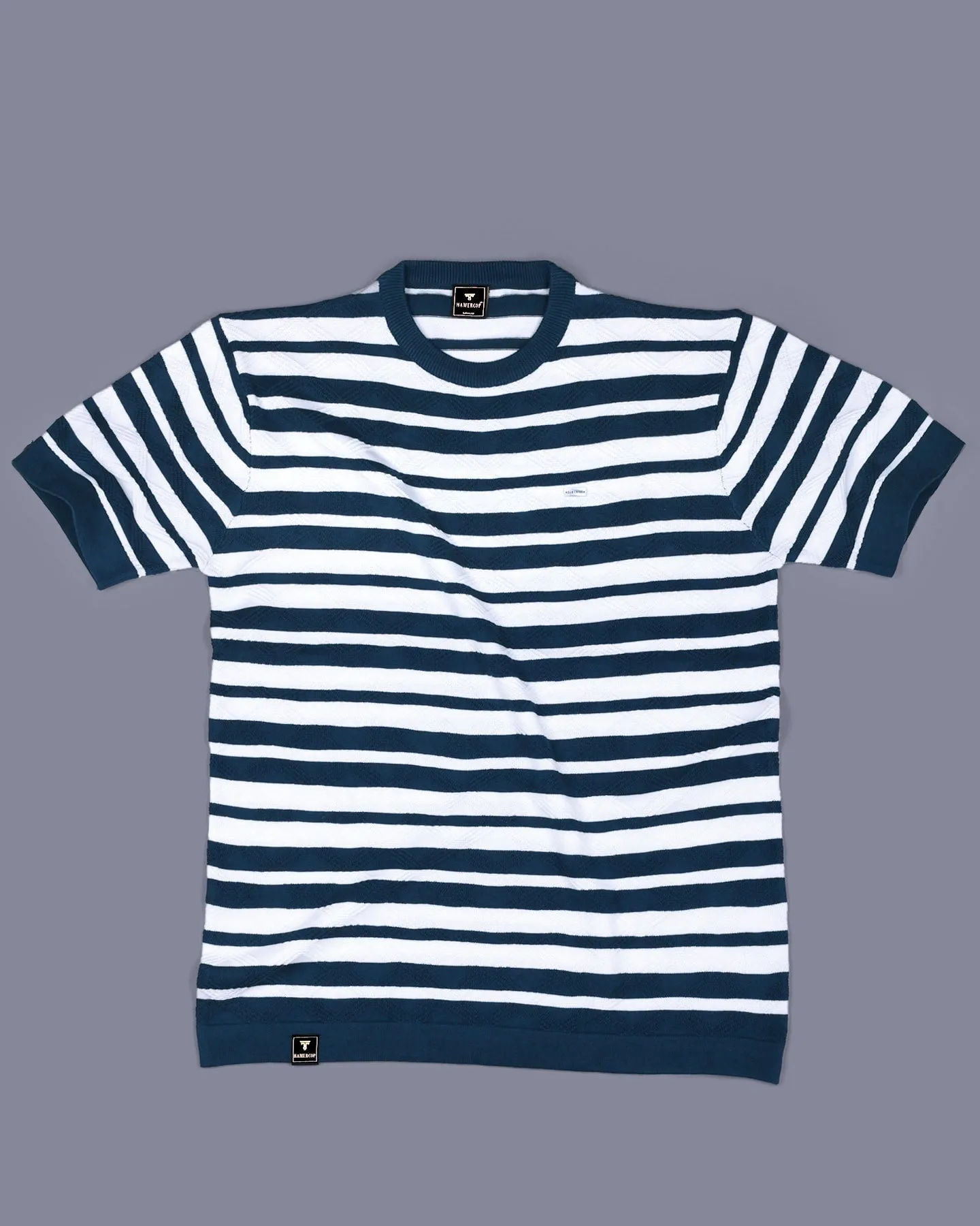 Aura Peacock Blue Stripe Knitted Cotton T-Shirt
