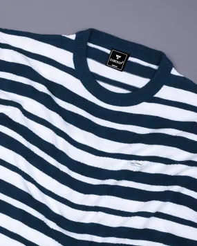 Aura Peacock Blue Stripe Knitted Cotton T-Shirt