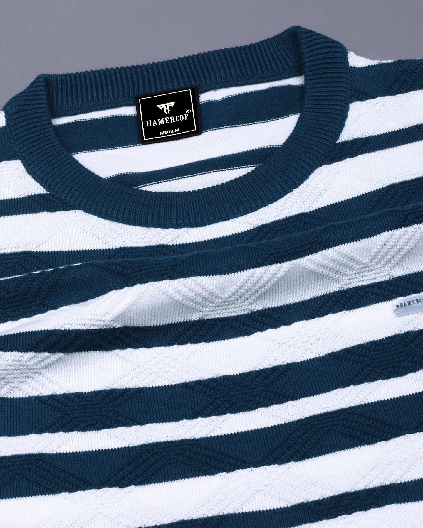 Aura Peacock Blue Stripe Knitted Cotton T-Shirt