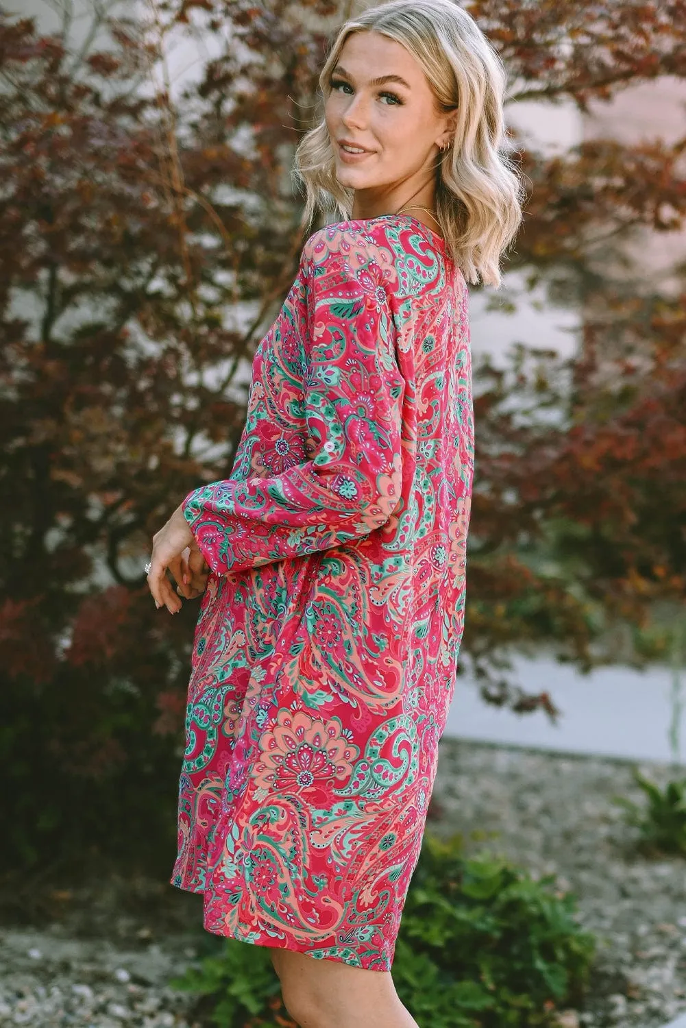 Boho Chic Rosy Paisley Mini Dress with Frilled Hem