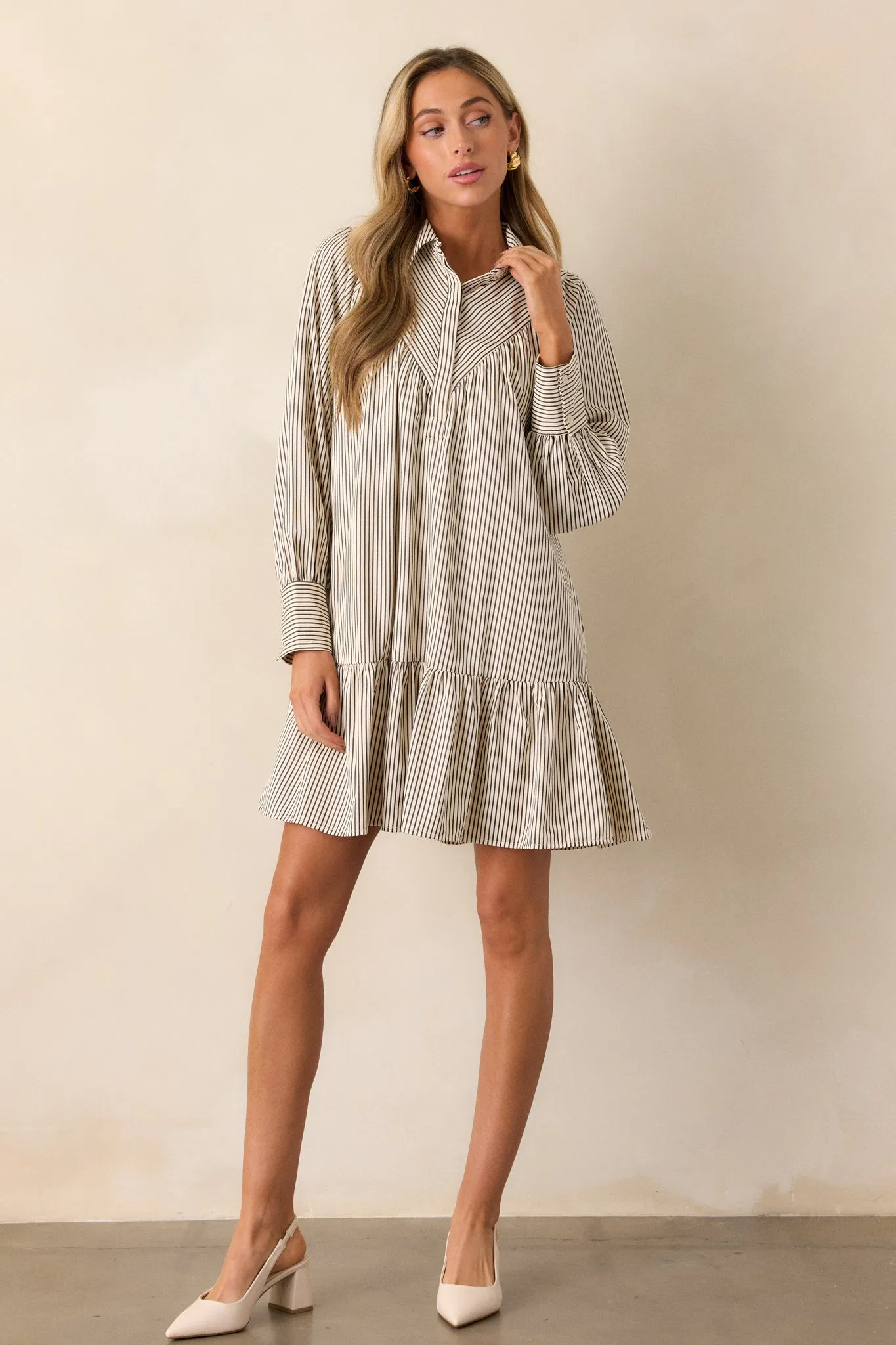 Call You Later Ivory Stripe Long Sleeve Mini Dress