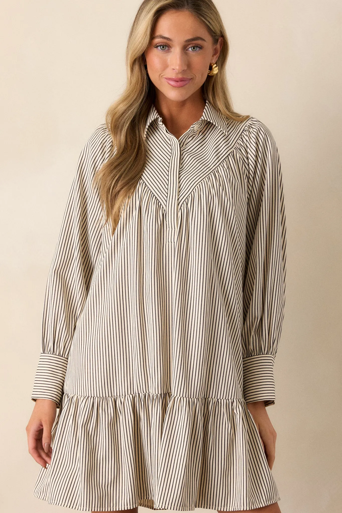 Call You Later Ivory Stripe Long Sleeve Mini Dress
