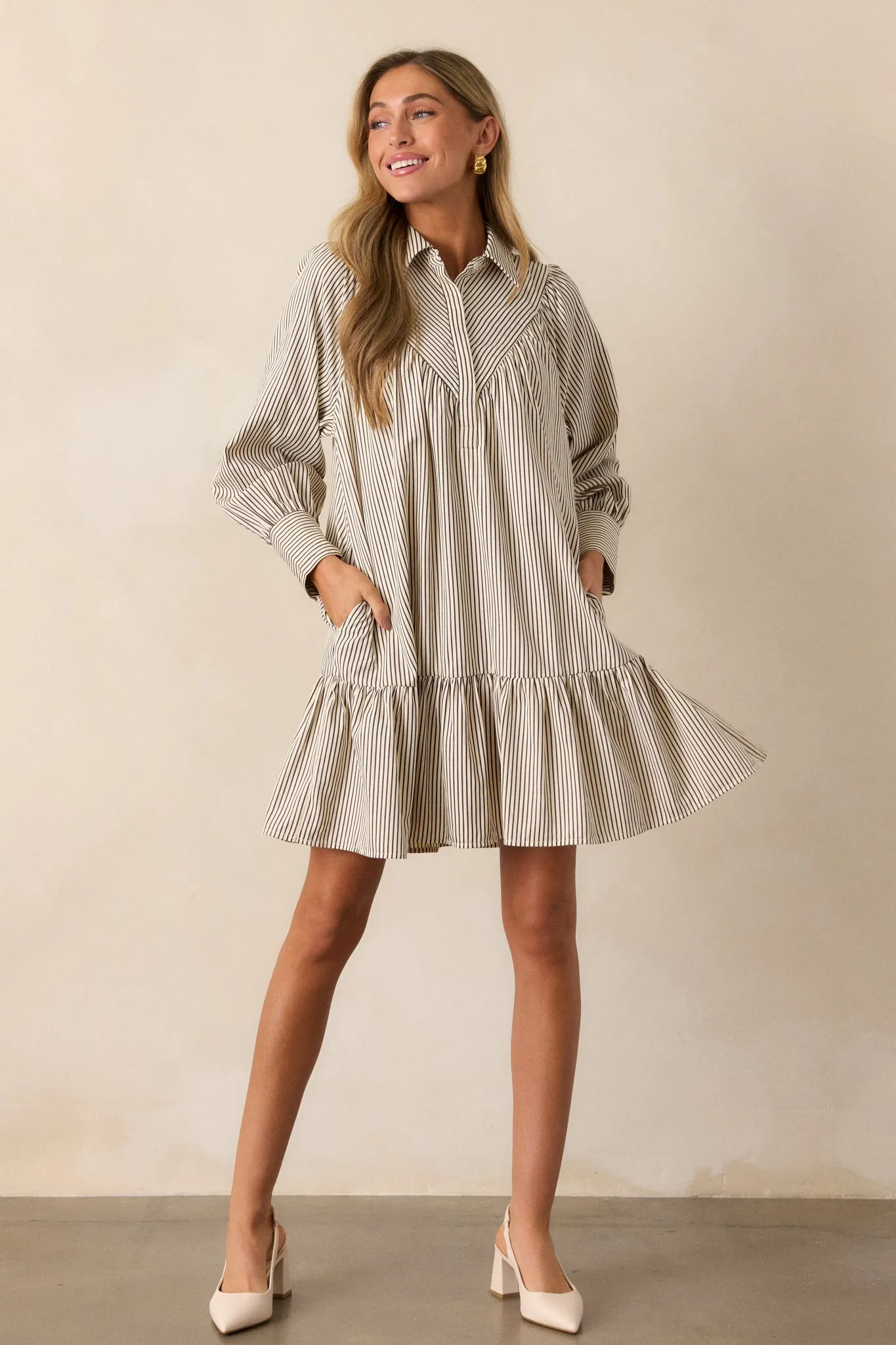 Call You Later Ivory Stripe Long Sleeve Mini Dress