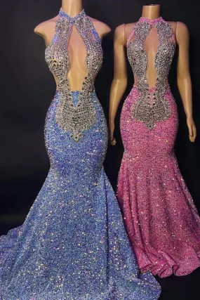 Chic Long Mermaid Halter Sleeveless Formal Prom Dress With Beading