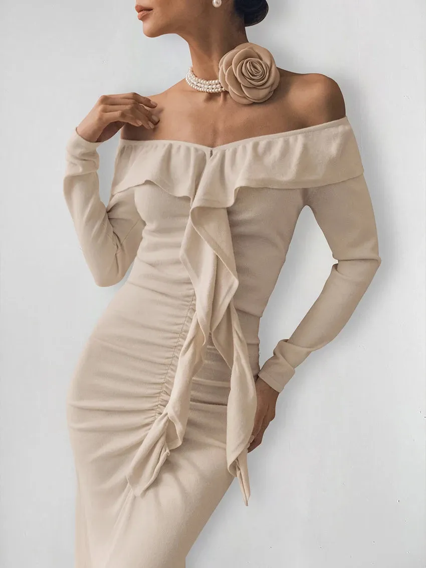 Chic Off-Shoulder Ruffle Fall Dress with High Slit