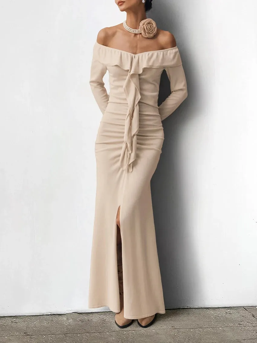 Chic Off-Shoulder Ruffle Fall Dress with High Slit