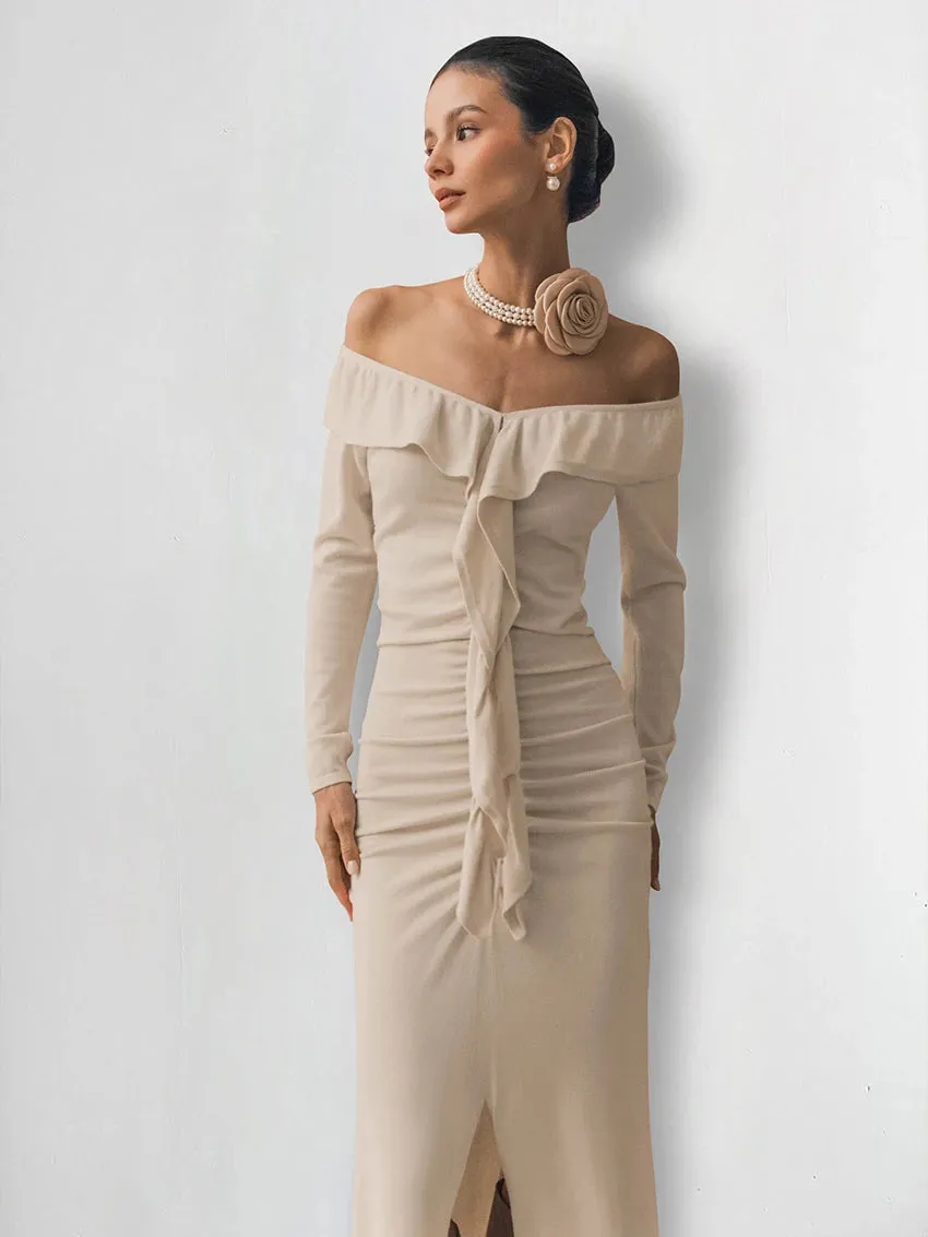 Chic Off-Shoulder Ruffle Fall Dress with High Slit