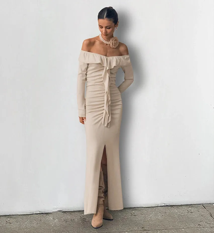 Chic Off-Shoulder Ruffle Fall Dress with High Slit
