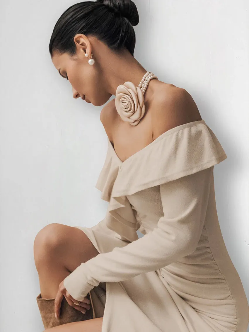Chic Off-Shoulder Ruffle Fall Dress with High Slit