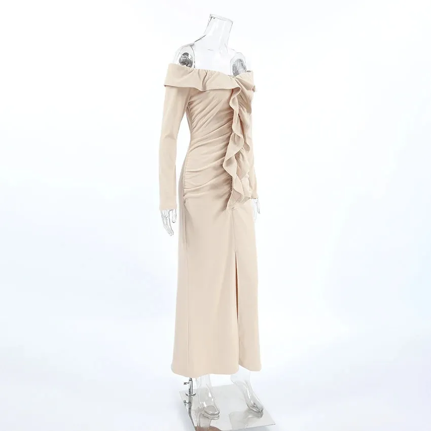 Chic Off-Shoulder Ruffle Fall Dress with High Slit