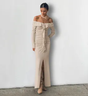 Chic Off-Shoulder Ruffle Fall Dress with High Slit