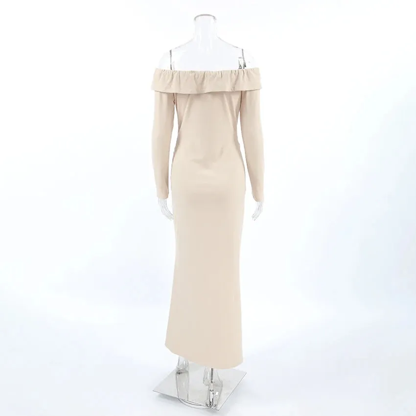 Chic Off-Shoulder Ruffle Fall Dress with High Slit