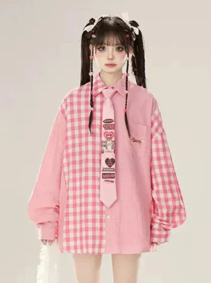 Contrast Denim Suspender Pink Shirt Skirt Check Loose   Collar