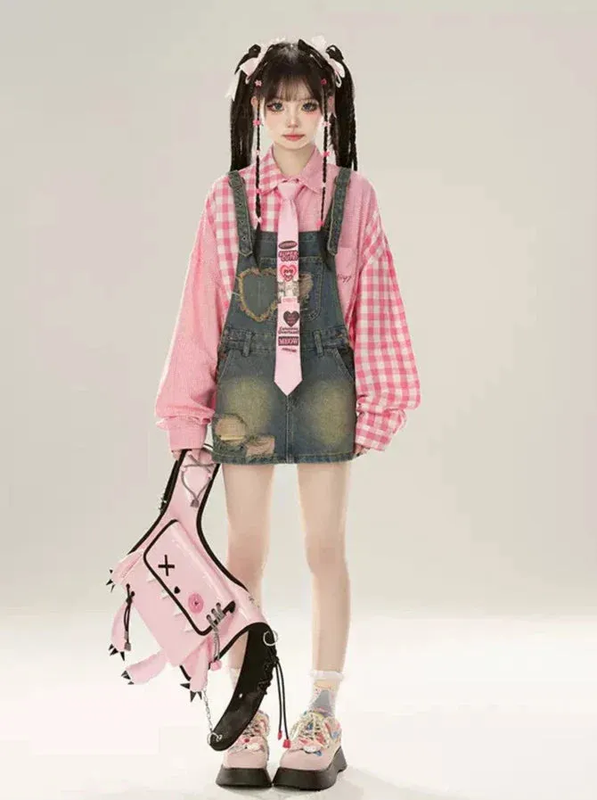 Contrast Denim Suspender Pink Shirt Skirt Check Loose   Collar