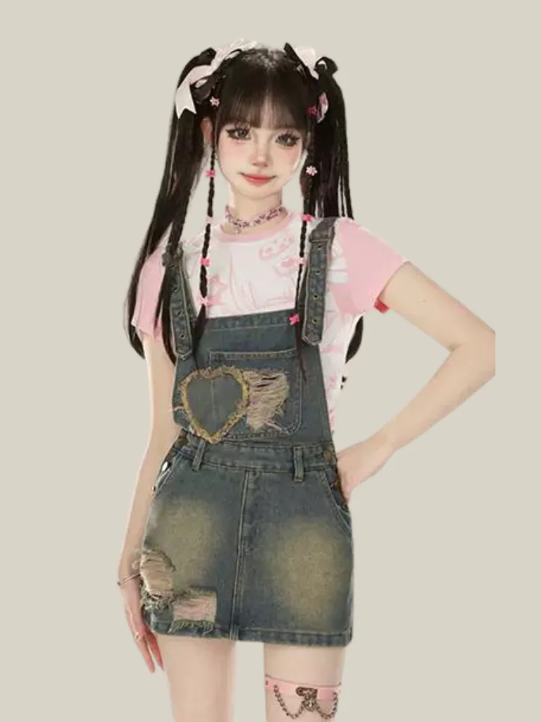 Contrast Denim Suspender Pink Shirt Skirt Check Loose   Collar