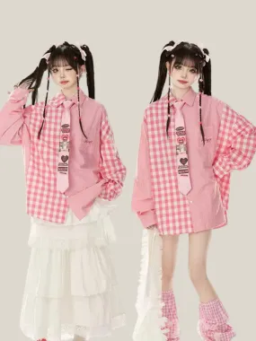 Contrast Denim Suspender Pink Shirt Skirt Check Loose   Collar