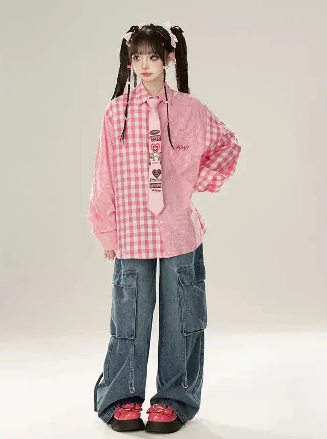 Contrast Denim Suspender Pink Shirt Skirt Check Loose   Collar