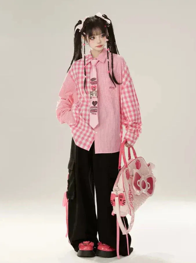Contrast Denim Suspender Pink Shirt Skirt Check Loose   Collar