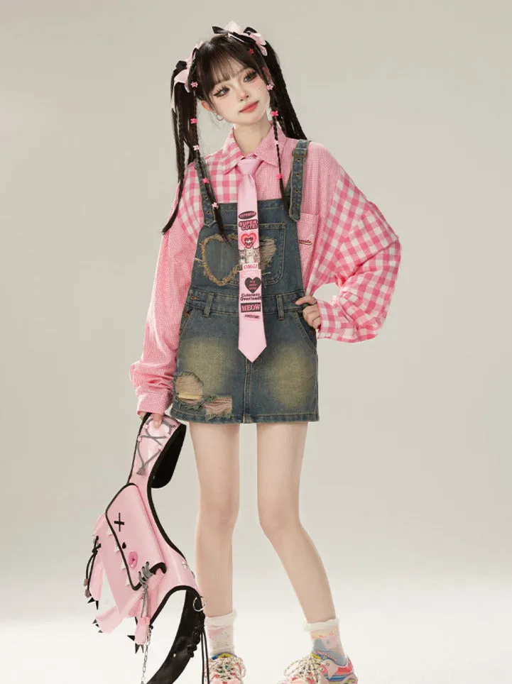 Contrast Denim Suspender Pink Shirt Skirt Check Loose   Collar