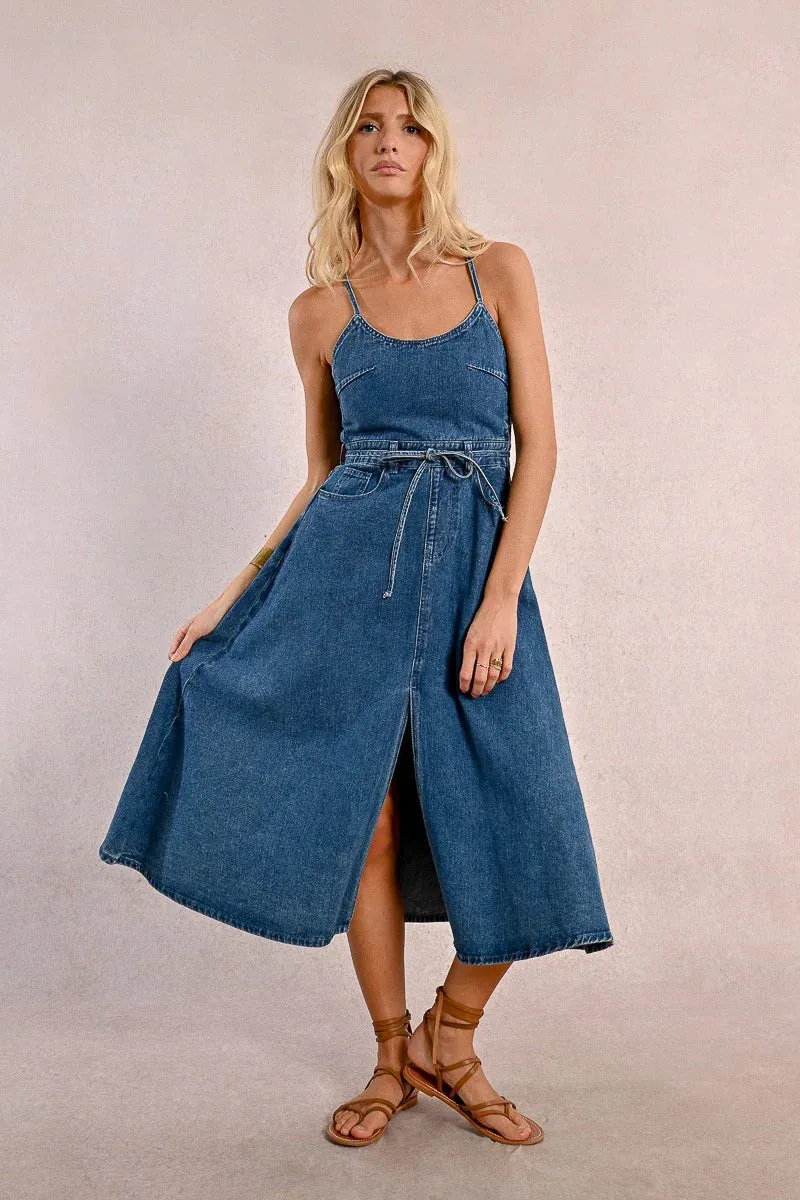 Denim Maxi Dress – Effortless Button-Up Long Dress with Pockets & Waist Tie