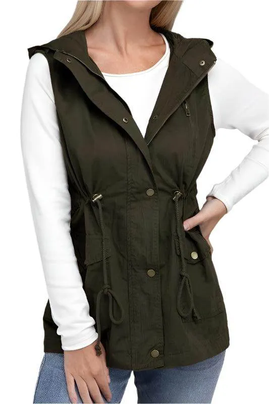 Drawstring Waist Military Hoodie Vest