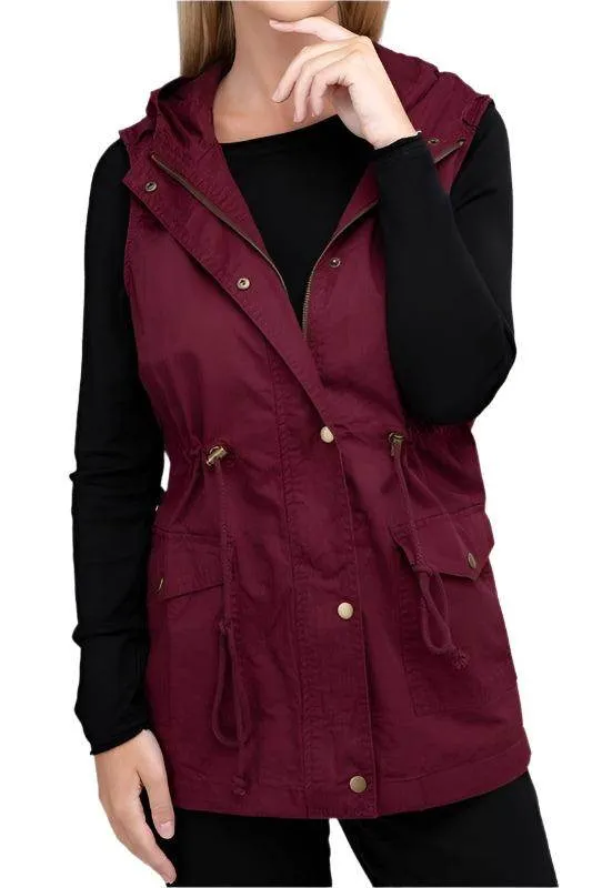 Drawstring Waist Military Hoodie Vest