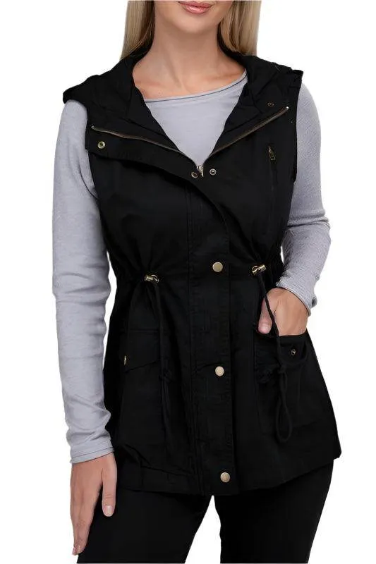 Drawstring Waist Military Hoodie Vest