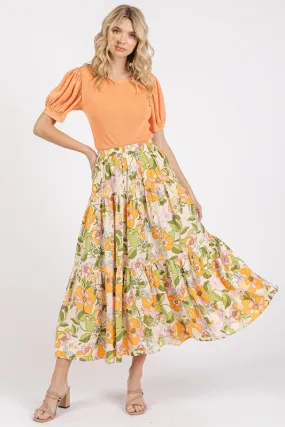 Floral Print Tiered Maxi Skirt – Elastic Waist Boho Flowy Skirt