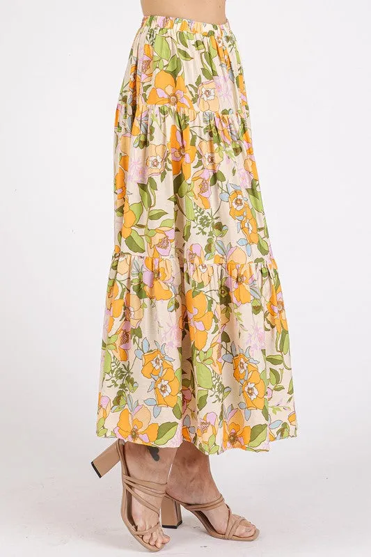 Floral Print Tiered Maxi Skirt – Elastic Waist Boho Flowy Skirt