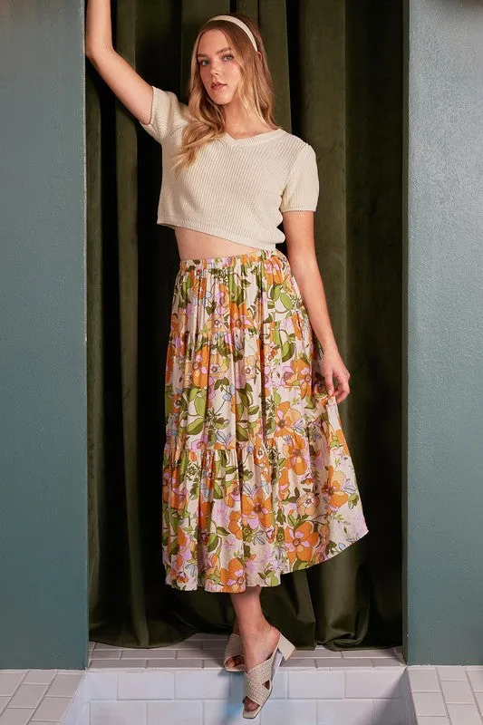 Floral Print Tiered Maxi Skirt – Elastic Waist Boho Flowy Skirt