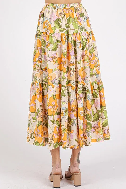 Floral Print Tiered Maxi Skirt – Elastic Waist Boho Flowy Skirt