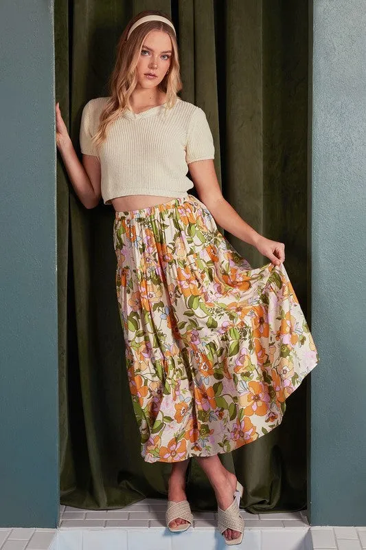 Floral Print Tiered Maxi Skirt – Elastic Waist Boho Flowy Skirt