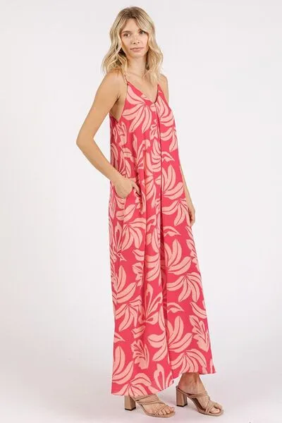 Flowy Printed V-Neck Maxi Cami Dress with Pockets – Lightweight Summer Dress