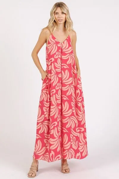 Flowy Printed V-Neck Maxi Cami Dress with Pockets – Lightweight Summer Dress